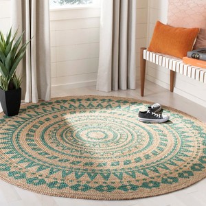 Tapis rond géométrique en jute fait main, style bohème, à poils ras, pour salon, motif vert naturel - Product Image 5
