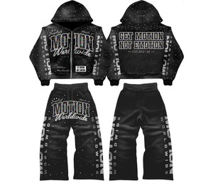 Conjunto de Sudadera con Capucha Estampada de Punto Transpirable con Lavado Ácido Personalizado y Pantalones de Chándal Acampanados para Hombre, Estilo Vintage Urbano, Tejido Pesado 100% - Product Image 5