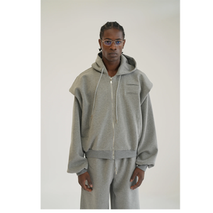 Ensemble de survêtement décontracté pour homme, gris, à capuche, avec fermeture éclair, manches longues, couleur unie, en coton, coupe régulière, pour l'hiver, grande taille - Product Image 5