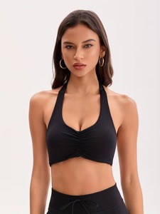 Halter Neck Sports <b>Bra</b> Women Ruched Front Yoga Crop Top <b>Open</b> Back Gym Workout Fitness Activewear Camisole Tank Lightweight - Product Image 1