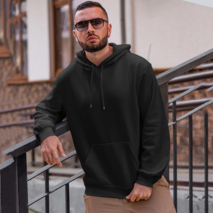 Men's Oversized Black Hooded Casual Fleece Pullover Solid Color Pocket Design Regular Length Knitted Cotton <b>Hoodie</b> 2027 - Product Image 2
