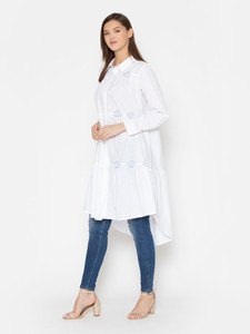 White Embroidered Shirt <b>Dress</b> With <b>Long</b> Sleeves Turn-down Collar Loose Fit Midi Length Woven Cotton Casual Daily Wear - Product Image 4