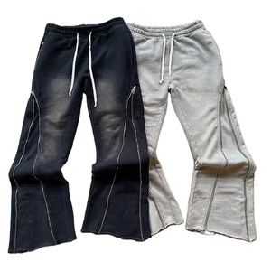 2025 Custom Wholesale Men's Zip-Up Flared Sweatpants Acid Washed Baggy <b>Leggings</b> with Heavy Cut and Sew Sun Fade Sun Fade Style - Product Image 1