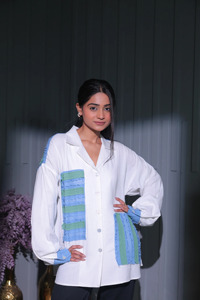 Womens Elegant Designer White Woven Cotton <b>Patchwork</b> <b>Shirt</b> with Blue Green Stripes Loose Fit Full Sleeve Button Casual XL - Product Image 3