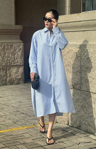 Vestido Camisero Midi Informal de Oficina, Manga Larga, Minimalista, Transpirable, Popelina 100% Algodón, Prelavado con Enzimas, Rayas, Botones al Frente, Verano - Product Image 3