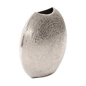 Vase décoratif rond plat martelé argenté en métal texturé, forme disque lune, pour la décoration intérieure - Product Image 3