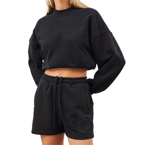 <b>Women</b> 2 Piece Black Fleece Crop Top <b>Shorts</b> Set Crew Neck Loose Fit Casual Spring Summer Outfit - Product Image 1