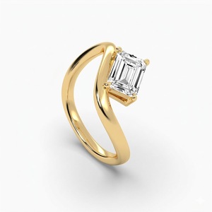 Bague de fiançailles solitaire pour femme en or jaune 18 carats avec diamant de laboratoire certifié taille émeraude 0,75 ct et bande ondulée croisée - Product Image 2