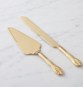 Espátula y cuchillo para servir pasteles de acero inoxidable, estilo antiguo, color dorado, ideales para ceremonias y bodas. - Product Image 3