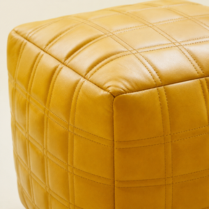 Mustard Yellow Modern Quilted Leather Pouf Ottoman Cube Stitched Grid Pattern Soft Cushion Seating Apartment Living Room - Product Image 4
