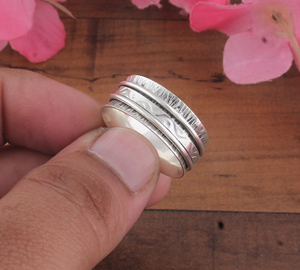 <b>925</b> <b>Sterling</b> <b>Silver</b> Classic Party Bezel Setting <b>Spinner</b> <b>Ring</b> Engraved Wave Floral Band Handmade Meditation Fidget <b>Ring</b> Vintage - Product Image 4