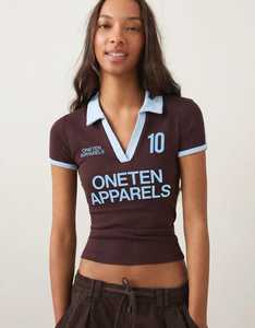 Oneten Women Brown Short Sleeve Cropped <b>Polo</b> <b>Shirt</b> Light <b>Blue</b> Collar Letter Print Sporty Top - Product Image 5