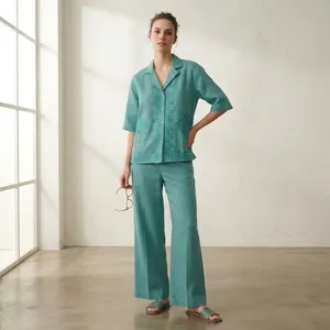 Ensemble coordonné en lin brodé bleu turquoise pour femmes, chemise à manches courtes, pantalon large, tenue décontractée élégante - Product Image 4