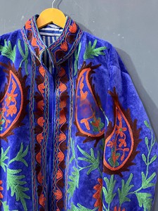 Royal Blue Embroidered Velvet <b>Jacket</b> Heritage Kashmiri Paisley & Floral Kashmiri Aari Work Winter Coat - Product Image 1