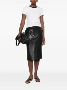Premium <b>Black</b> Paneled Midi Length Genuine Sheepskin <b>Leather</b> <b>Women</b> <b>Skirt</b> Button Closure Sample & Customization Service Available - Product Image 2