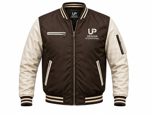 Veste bomber varsity marron crème personnalisée, veste en satin pour homme, col côtelé, doublure matelassée, logo brodé - Product Image 2