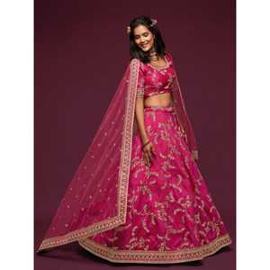 Encantador vestido de novia de seda Rosa Lehenga Choli con arte Bordado de hilo elegante - Product Image 6