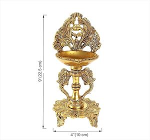 Gold Plated Brass Diya <b>Lamp</b> With Intricate Carving And <b>Elephant</b> Base For Prayer Use - Product Image 5