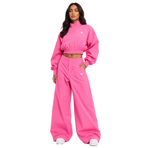 Oem Custom Women's Pink <b>Cropped</b> Track Jacket Extra-Wide Leg <b>Pants</b> Zip Up Stand Collar Baggy Windbreaker Tracksuit Set Wholesale - Product Image 1