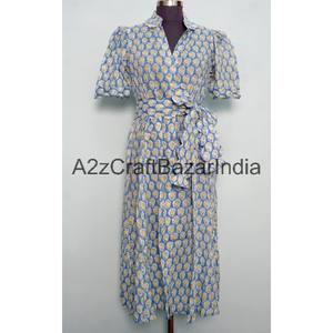 Robe midi à imprimé floral en coton 100% écologique pour femmes, col en V, manches courtes, poches, décoration boutonnée, robe de bureau pour femme - Product Image 1