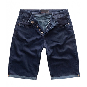 <b>mens</b> dark navy blue stonewashed denim shorts button fly cuffed folded hem contrast amber stitching five pocket design apparel - Product Image 1