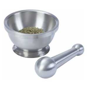 Mortier et pilon en laiton antique avec base incurvée, broyeur d'épices traditionnel en métal, écraseur manuel d'herbes, ustensile de pharmacie - Product Image 2