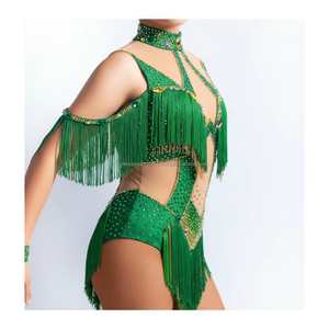 Traje de Majorette Personalizado para Mujer, Verde, con Pedrería, Flecos y Lentejuelas, Malla, para Actuaciones de Baile, OEM - Product Image 2