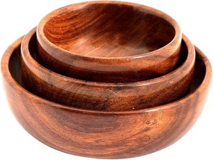 Ensemble de saladiers en bois d'acacia faits à la main, grand saladier de service, ustensiles de cuisine rustiques naturels, écologiques, légers pour le camping - Product Image 1