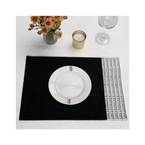 Modern Scandinavian 100% GOTS Certified Cotton One-Sided Border Embroidered Table <b>Placemats</b> 14 X 18 Inch 220g <b>Black</b> Floral Woven - Product Image 1