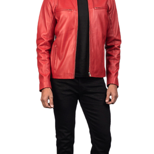 Chaqueta de Moto para Hombre, Roja, de Cuero Sintético, Corte Ajustado, con Cierre de Cremallera y Logotipo Frontal, Cuello Alto, Opciones Personalizadas, Largo Regular, para Otoño - Product Image 5
