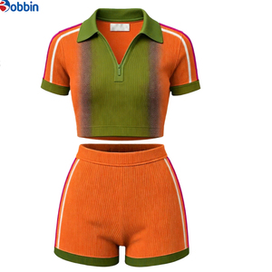 <b>Top</b> Trending Hot Selling Hip Hop Women's Sporty 2 Pcs Set Gradient Color Rib Knit Crop <b>Top</b> With Shorts Short Sleeve Summer Wear - Product Image 2