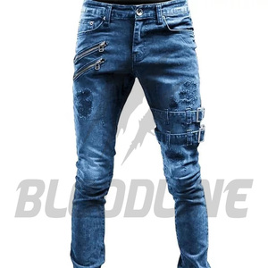 Jeans de Mezclilla Negros para Hombre, Corte Slim, Desgastados, Estilo Punk, Pierna Recta, Algodón de Peso Medio, Otoño, Marca Bloodline - Product Image 1
