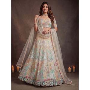 Magnifique Lehenga Choli de soirée en tulle blanc cassé à sequins - Product Image 1