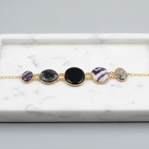 18k Gold Plated Chain & <b>Link</b> Bracelet and Bangles with Natural Stone Bezel Setting Vintage Bohemia Style Unisex Jewelry - Product Image 3