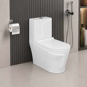 WC monobloc à cuvette ronde, siphon en S, double chasse, à poser au sol, en céramique, design minimaliste, espacement 220 mm, pour salle de bain d'hôtel, avec abattant à fermeture douce - Product Image 1