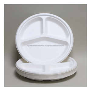 Assiette ronde compartimentée en bagasse de qualité supérieure, jetable, 3 compartiments, matériaux compostables, qualité alimentaire, pour buffets, fêtes, restaurants et plats à emporter - Product Image 1
