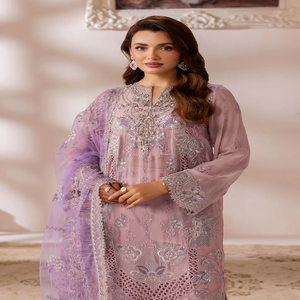 Robe pakistanaise élégante en mousseline brodée, Salwar Kameez pour femme, coupe ample, longueur ras du sol, tenue de mariage, couleur violette - Product Image 3