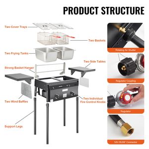 Friteuse professionnelle à gaz propane pour extérieur, double brûleur, 16 litres, en acier inoxydable, avec paniers amovibles et couvercles pour la cuisson en extérieur - Product Image 5