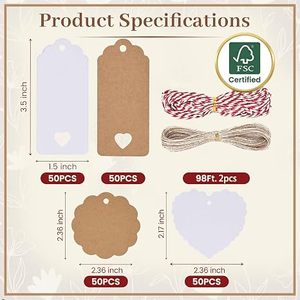 Étiquettes en papier découpées sur mesure en forme de cœur, finition mate marron et blanc, pour l'étiquetage des vêtements avec ficelle, emballage écologique - Product Image 3