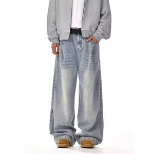 Jeans de mezclilla para hombre, de pierna ancha y corte holgado, azul claro lavado a la piedra, informales para verano, de cintura media, de algodón tejido, con estampado serigrafiado, ligeros - Product Image 5