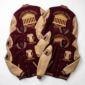 Wholesale Letterman Jacket Burgundy Wool Varsity Coat Classical Order Foundation Ionic Column <b>Temple</b> Embroidery Tan Leather - Product Image 1