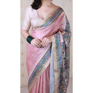 Sari de Noche de Seda Tussar con Estampado Tradicional Madhubani de Elite Weaves, con Borde Tejido con Zari, Color Melocotón Empolvado, Sin Arrugas, 450g - Product Image 5