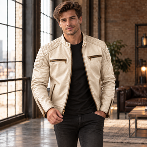 Chaqueta de cuero color marfil para hombre con cierre y hombros acolchados, chaqueta de motociclista color marfil para hombre con detalles acolchados. - Product Image 6