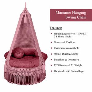 Pink Macramé <b>Hammock</b> Swing Chair Handmade Cotton Woven Hanging Swing Seat Boho Indoor Outdoor Balcony Lounge Swing Jhula(72X33") - Product Image 4