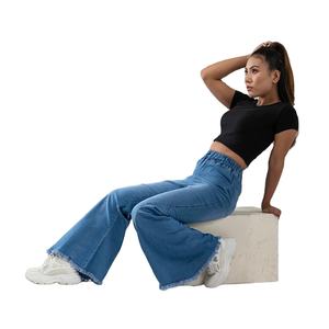 กางเกงผ้ายีนส์ขาตรงเอวสูงลำลองสำหรับผู้หญิงกางเกงขากว้างสีฟ้าซีดสไตล์ฤดูร้อนมีกระเป๋า - Product Image 5