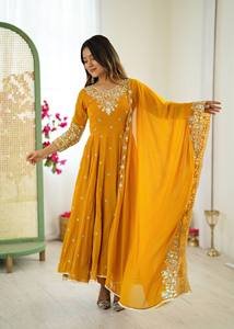 Costume Anarkali traditionnel pour femmes avec dupatta brodé, coupe ample, longueur au sol, en polyester, pour mariage, style Inde Pakistan - Product Image 6
