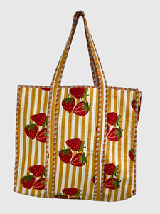 Bolsa de Mano de Lona con Estampado de Fresas y Diseño a Rayas, Cierre Abierto, Bolsa de Compras de Verano, Bolsa de Moda para Mujer - Product Image 2