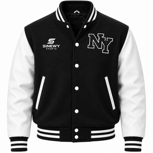 Chaqueta Varsity Negra y Blanca para Hombre SINEWY SPORTS, con Letras NY Bordadas, Estilo Preppy, Cuello Mao, Corte Regular, Reversible - Product Image 1