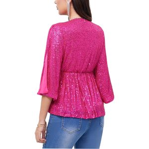 Top à volants à sequins scintillants pour femmes 2025, col en V, manches 3/4, fendu, pour soirée, club, sortie nocturne, discothèque, cocktail - Product Image 4