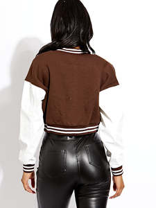Wholesale New Design Women's Brown Varsity Jacket With White <b>Leather</b> Sleeves And Patch Embroidery <b>Short</b> Crop Style Jacket - Product Image 2